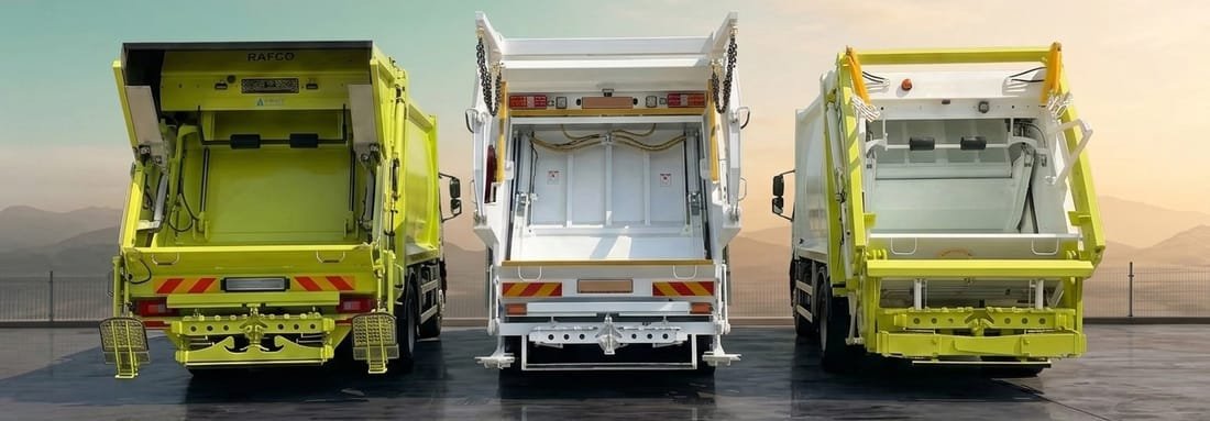 Gama de compactadores de carga trasera RAFCO — tres vehículos recolectores en fila, vista trasera