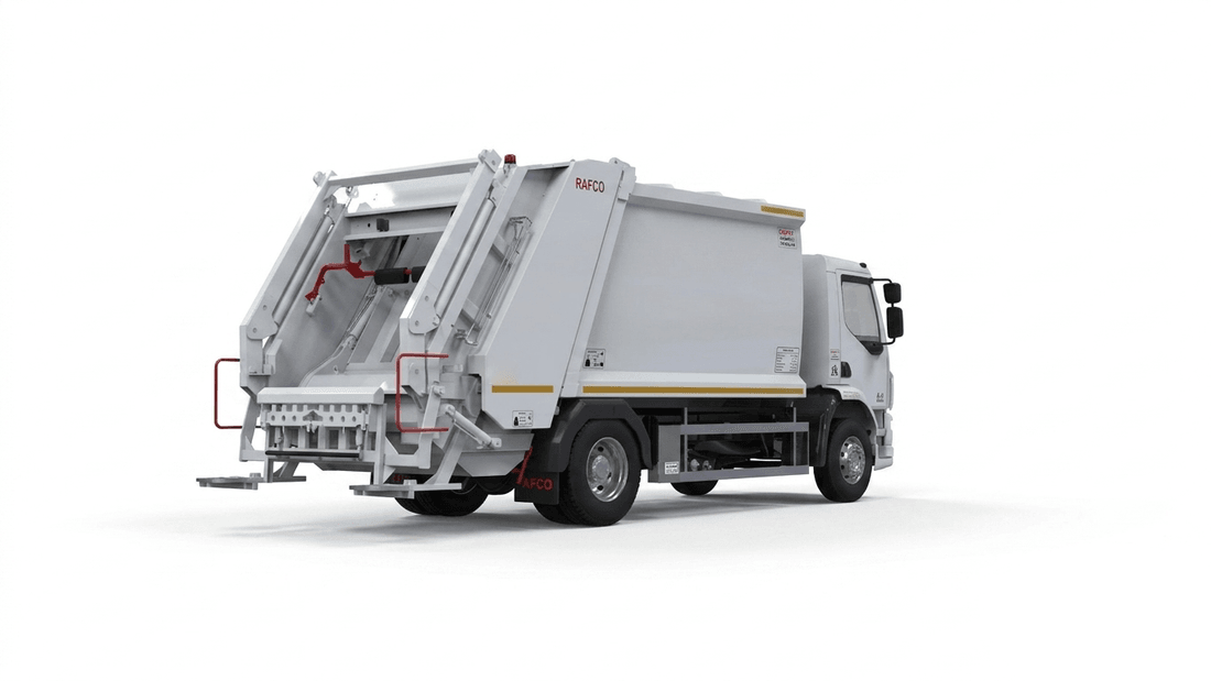 Vehículo recolector RAFCO — compactador de basura de carga trasera