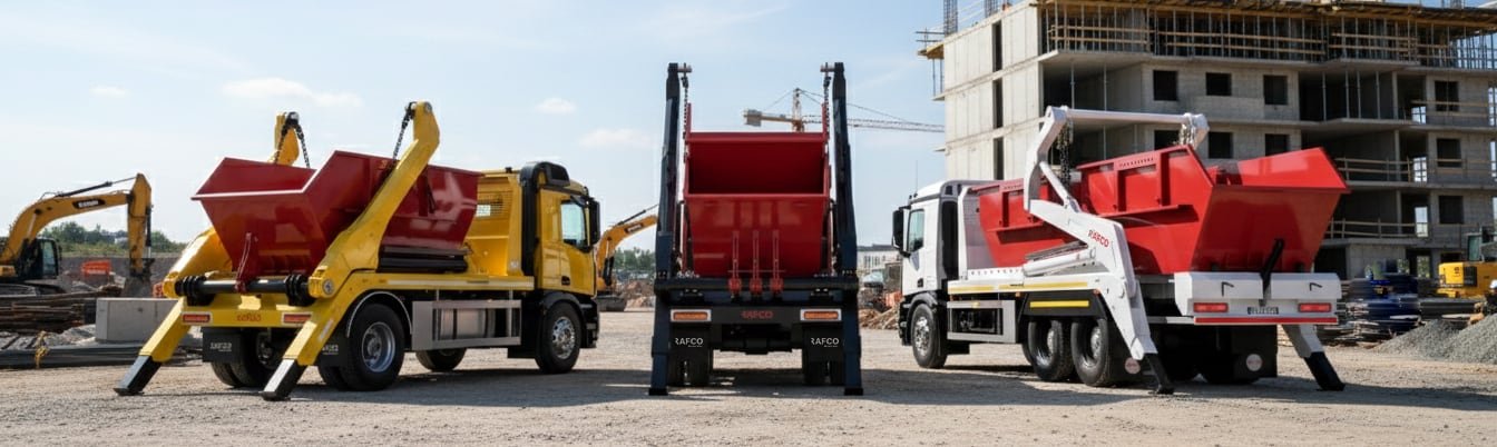 Portacontenedores RAFCO — modelos Simple, Telescópico y Doble en una obra de construcción