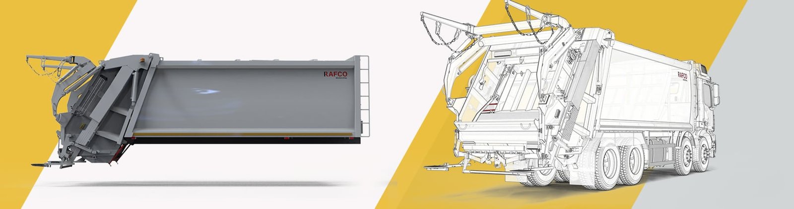 RAFCO XPress 26 m³ rear-loader garbage compactor — render and engineering wireframe